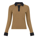Bassike Rib Contrast Collar Long Sleeve Top in Chestnut and Brown and Black