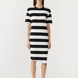 Bassike Stripe Side Split Short Sleeve Dress in Black and White