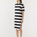 Bassike Stripe Side Split Short Sleeve Dress in Black and White
