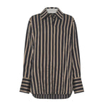 A long-sleeved, striped black and bronze shirt by Camilla and Marc with a straight, boxy fit and drop shoulders. It features contrast sleeve cuffs and corozo buttons.