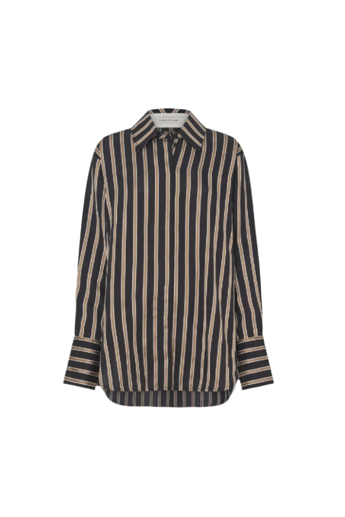 A long-sleeved, striped black and bronze shirt by Camilla and Marc with a straight, boxy fit and drop shoulders. It features contrast sleeve cuffs and corozo buttons.