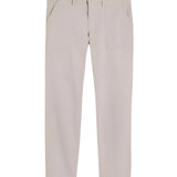 A pair of khaki colored Frank and Eileen Blackrock Utility Pants, showing the front view with pockets and elastic waistband.