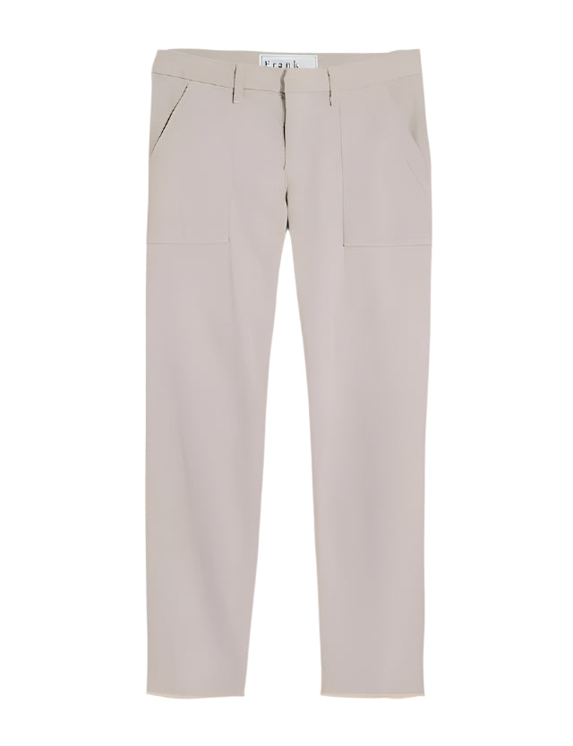 A pair of khaki colored Frank and Eileen Blackrock Utility Pants, showing the front view with pockets and elastic waistband.