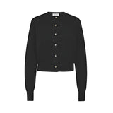 A black, cropped length Friends With Frank cardigan with shell buttons and a crew neckline.
