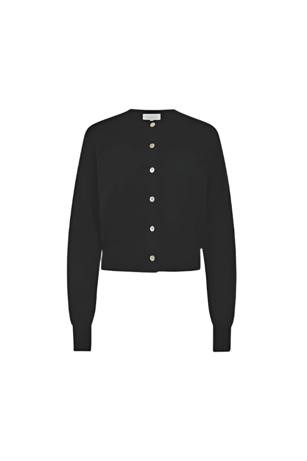 A black, cropped length Friends With Frank cardigan with shell buttons and a crew neckline.