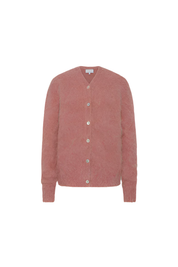 A pink, long-sleeved Friends With Frank Emme Cardigan with a high V-neck and mother-of-pearl buttons.