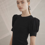 Luxe De Valentina Como Puff Sleeve T-Shirt in Black Metallic
