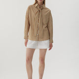 LMND Rita Long Sleeve Tie Shirt in Toffee and White and Verde