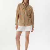 LMND Rita Long Sleeve Tie Shirt in Toffee and White and Verde