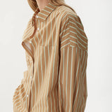 LMND Rita Long Sleeve Tie Shirt in Toffee and White and Verde