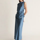 Lee Mathews Stella Silk Satin Drape Top in Teal