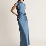 Lee Mathews Stella Silk Satin Drape Top in Teal