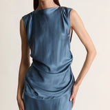 Lee Mathews Stella Silk Satin Drape Top in Teal