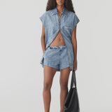 Bassike Denim Pull On Mini Short in Classic Stone Wash