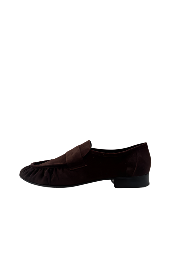 A chocolate brown suede loafer shoe with a low heel and no visible brand markings.