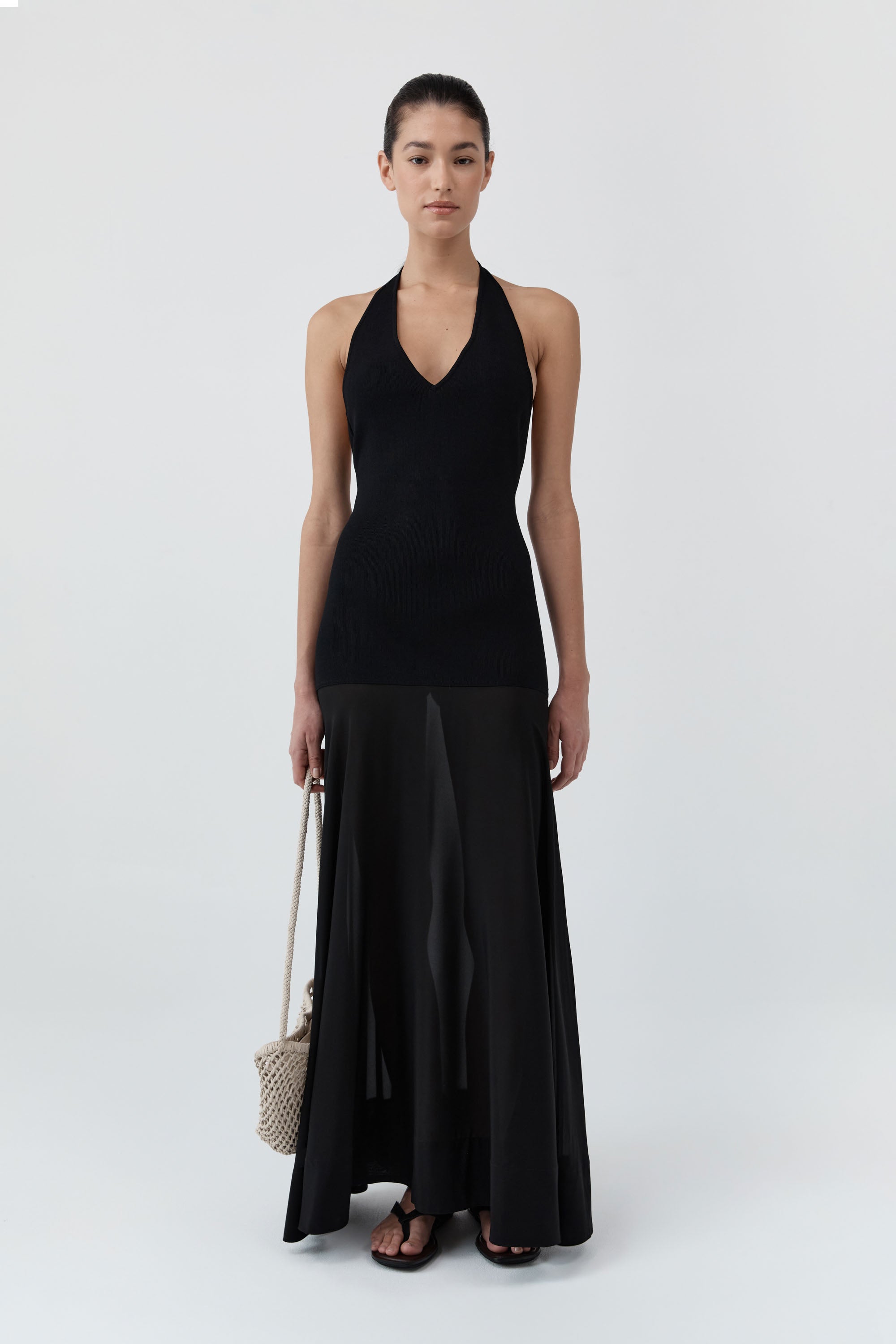 St Agni Circle Hem Halter Dress in Black - detail view