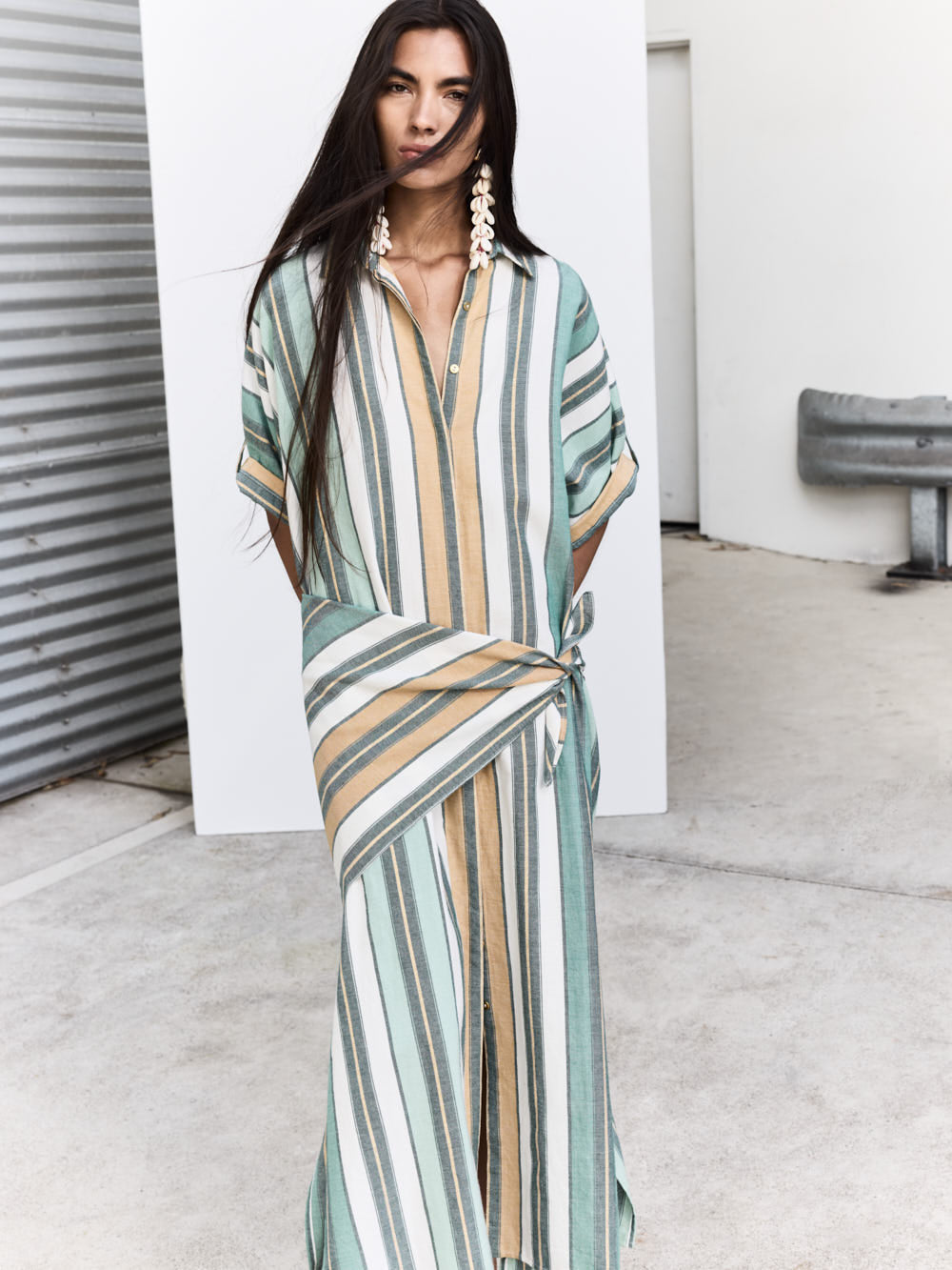 Ilio Nema Melanie Caftan in Green Fez Stripe - detail view