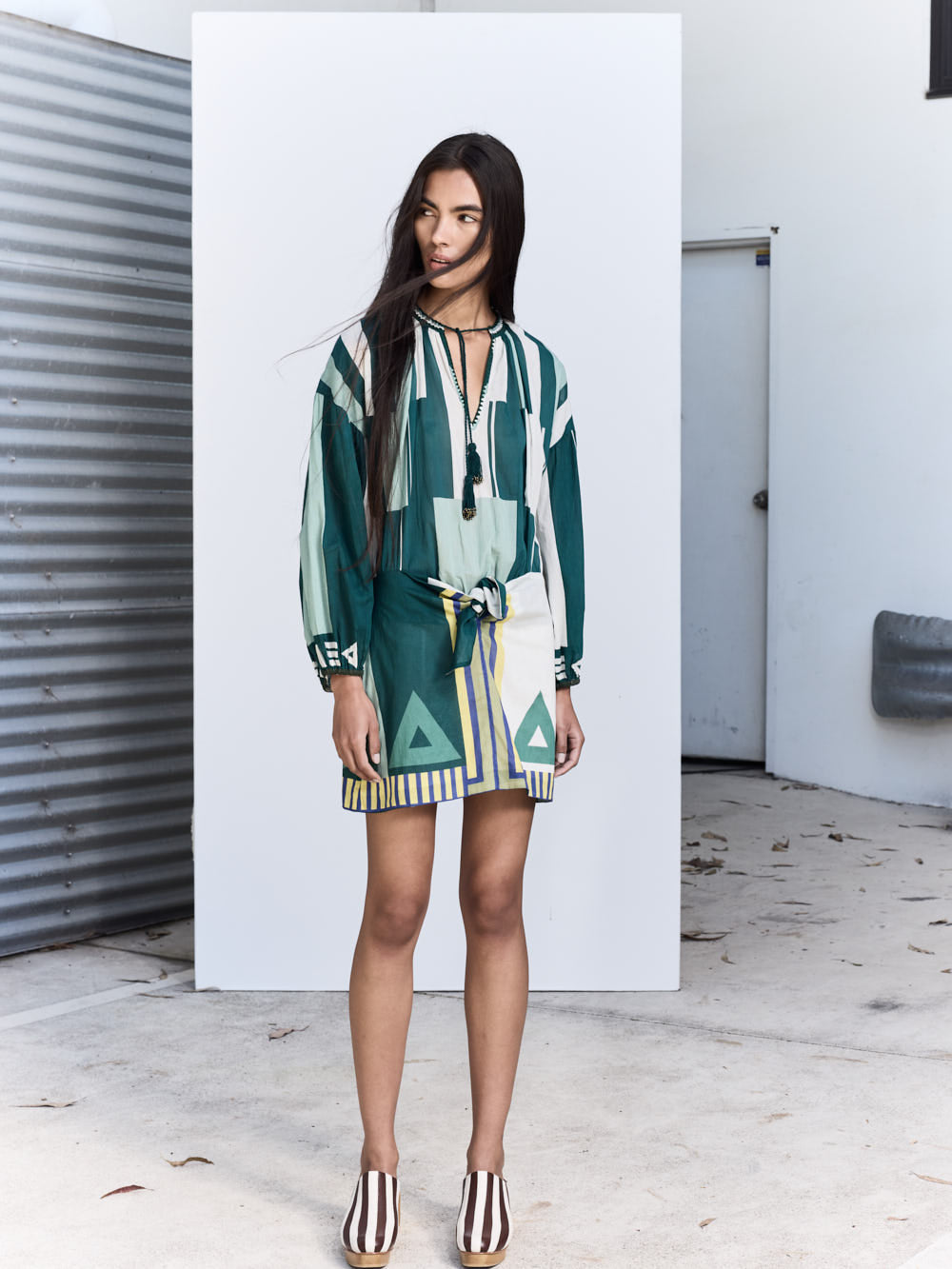 Ilio Nema Elder Dress in Green Sarong Voile - detail view