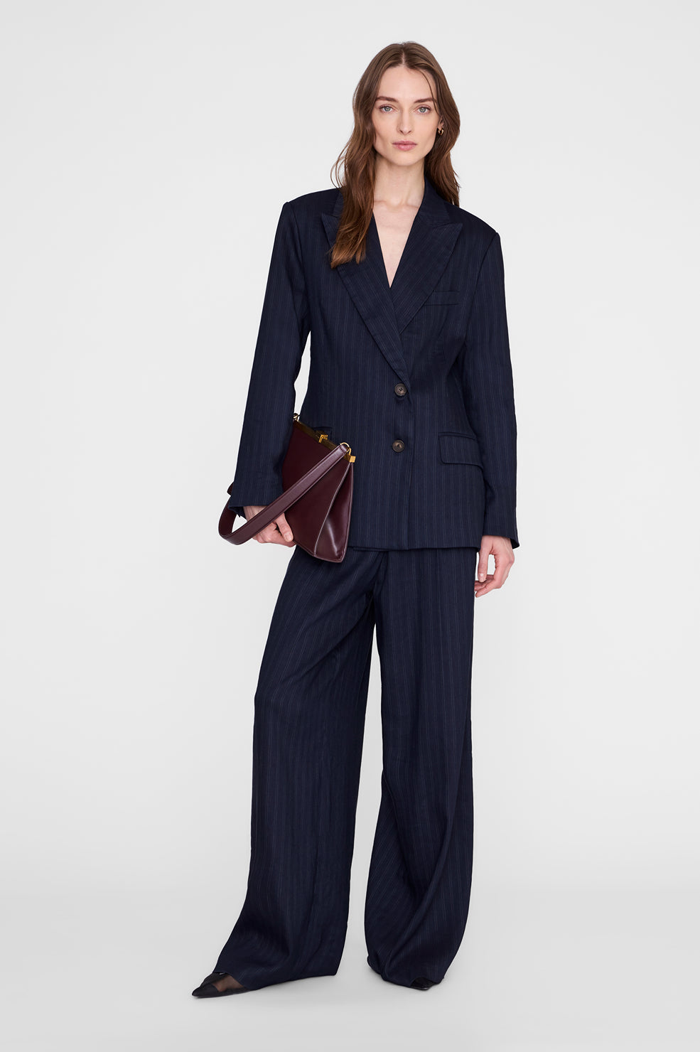 Anine Bing Aretha Blazer in Navy Pinstripe - side view