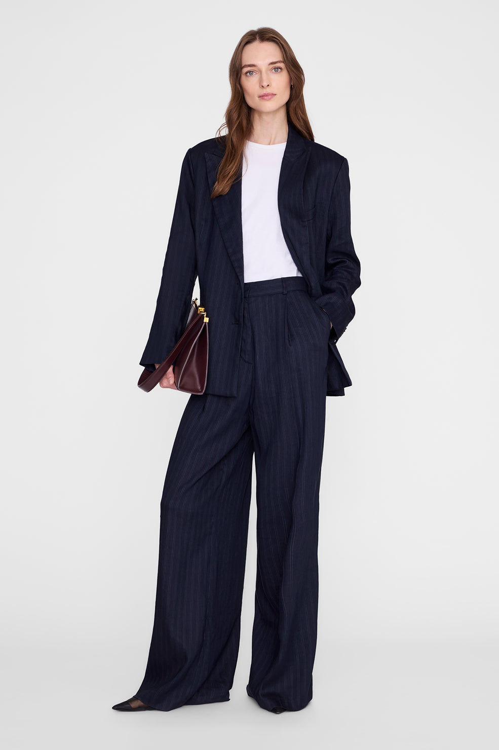 Anine Bing Aretha Blazer in Navy Pinstripe - detail view