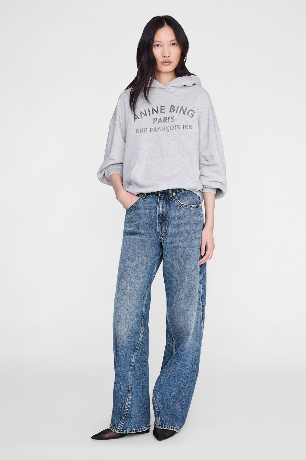 Anine Bing Harvey Sweatshirt Paris Stencil in Heather Grey - side view