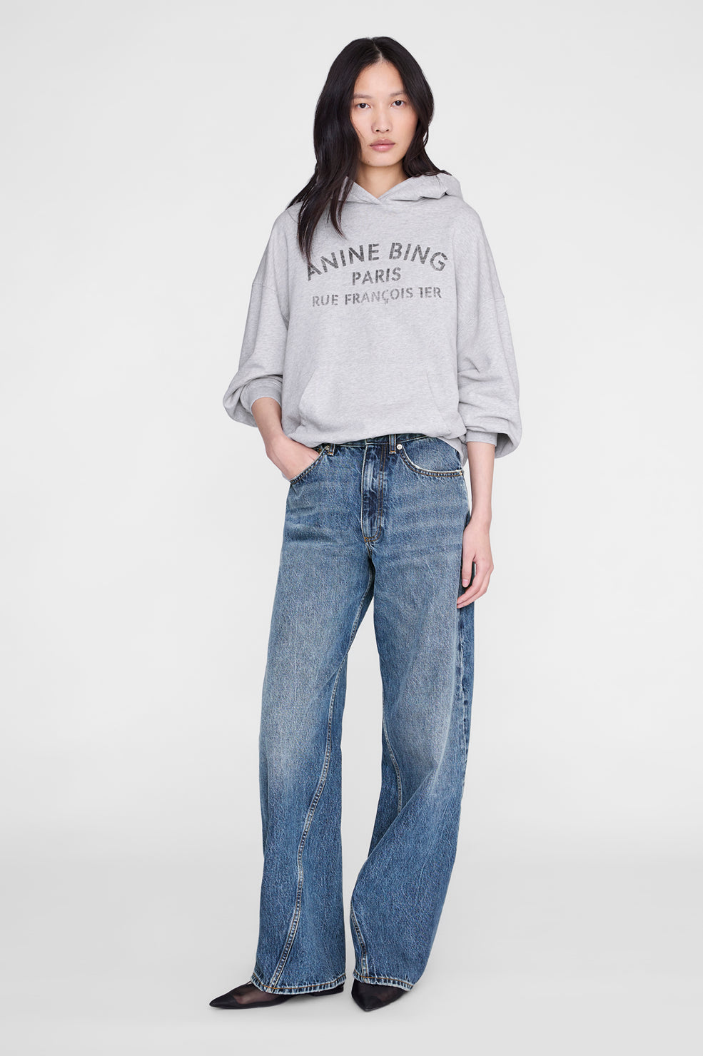 Anine Bing Harvey Sweatshirt Paris Stencil in Heather Grey - side view
