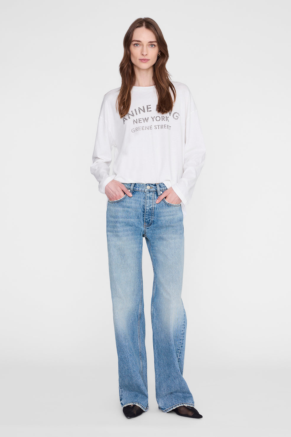 Anine Bing Ivan Long Sleeve New York Stencil in Ivory - side view