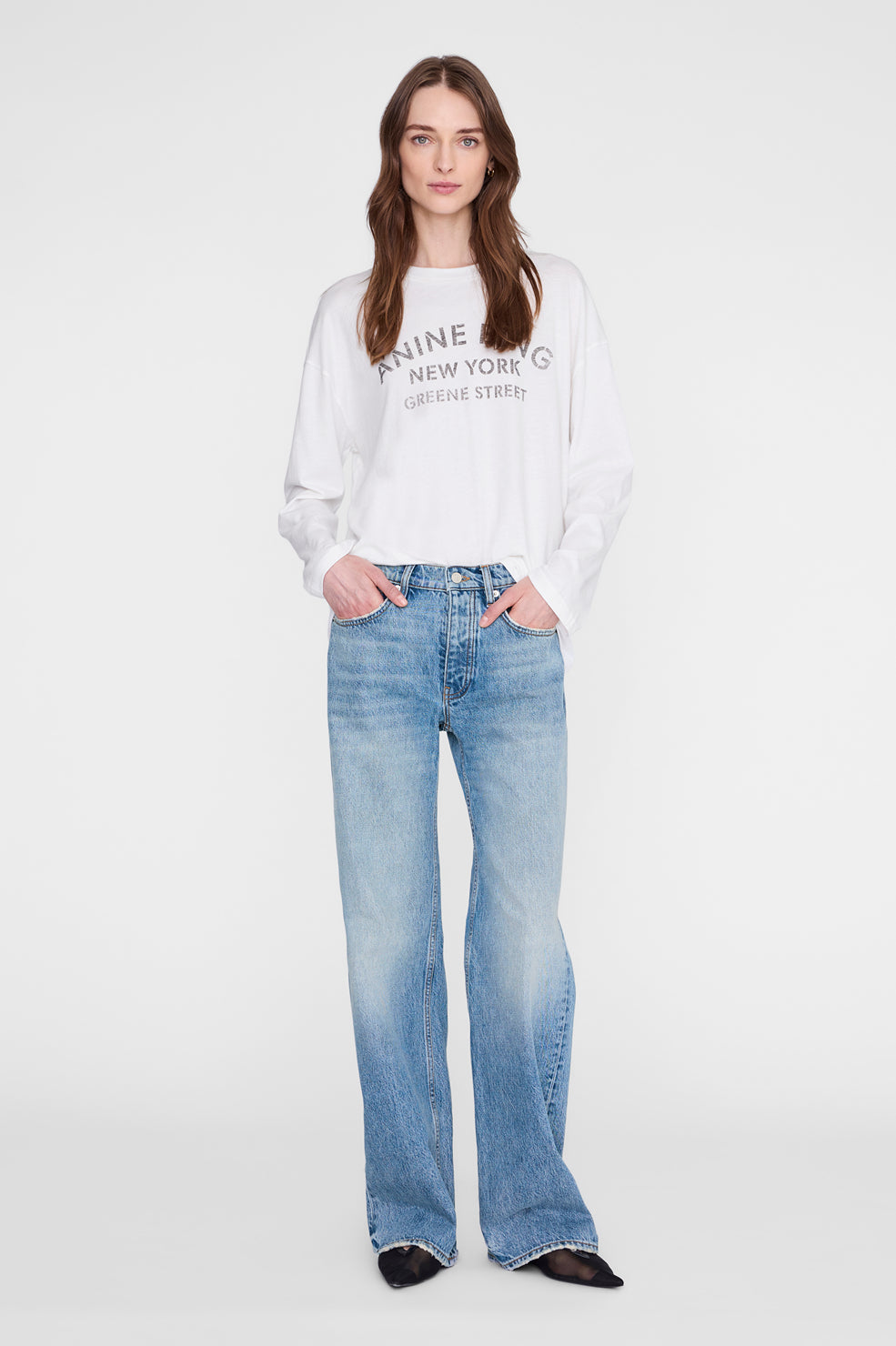 Anine Bing Ivan Long Sleeve New York Stencil in Ivory - side view