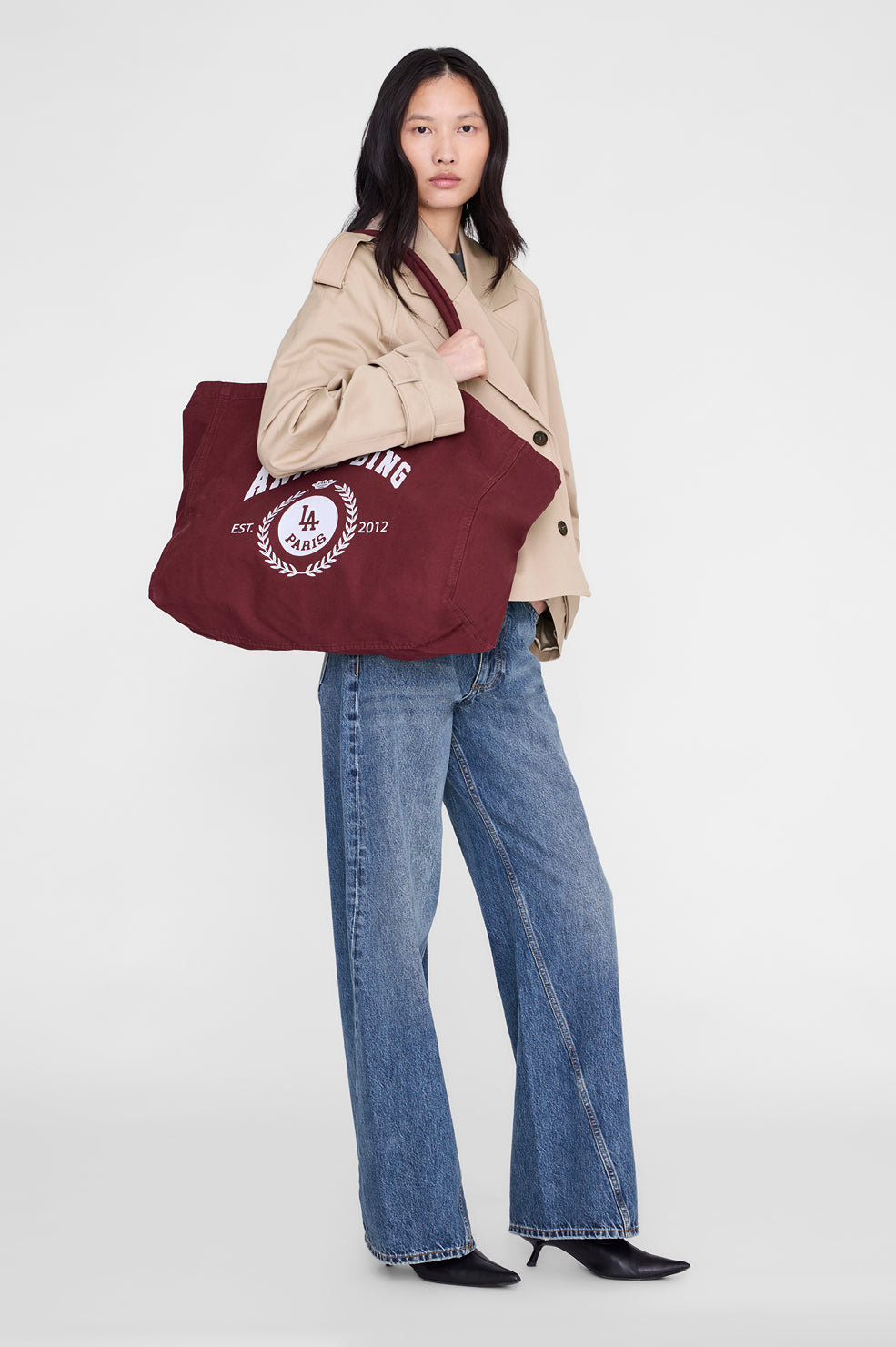 Anine Bing Leo Canvas Tote Collegiate in Fig - side view