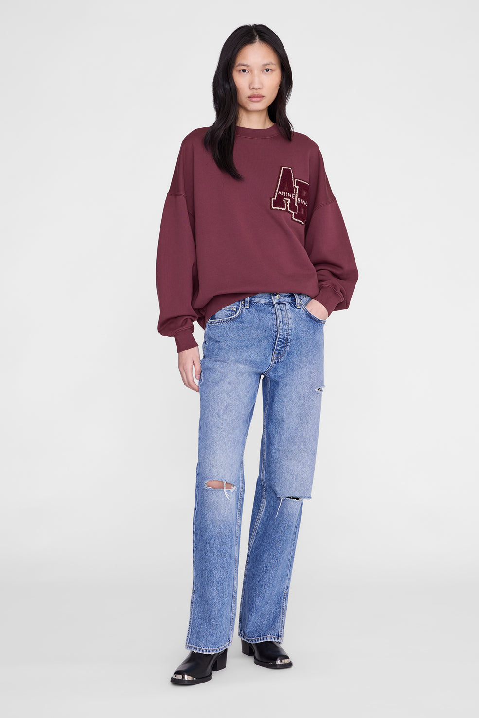 Anine Bing Miles Sweatshirt Letterman in Fig - side view
