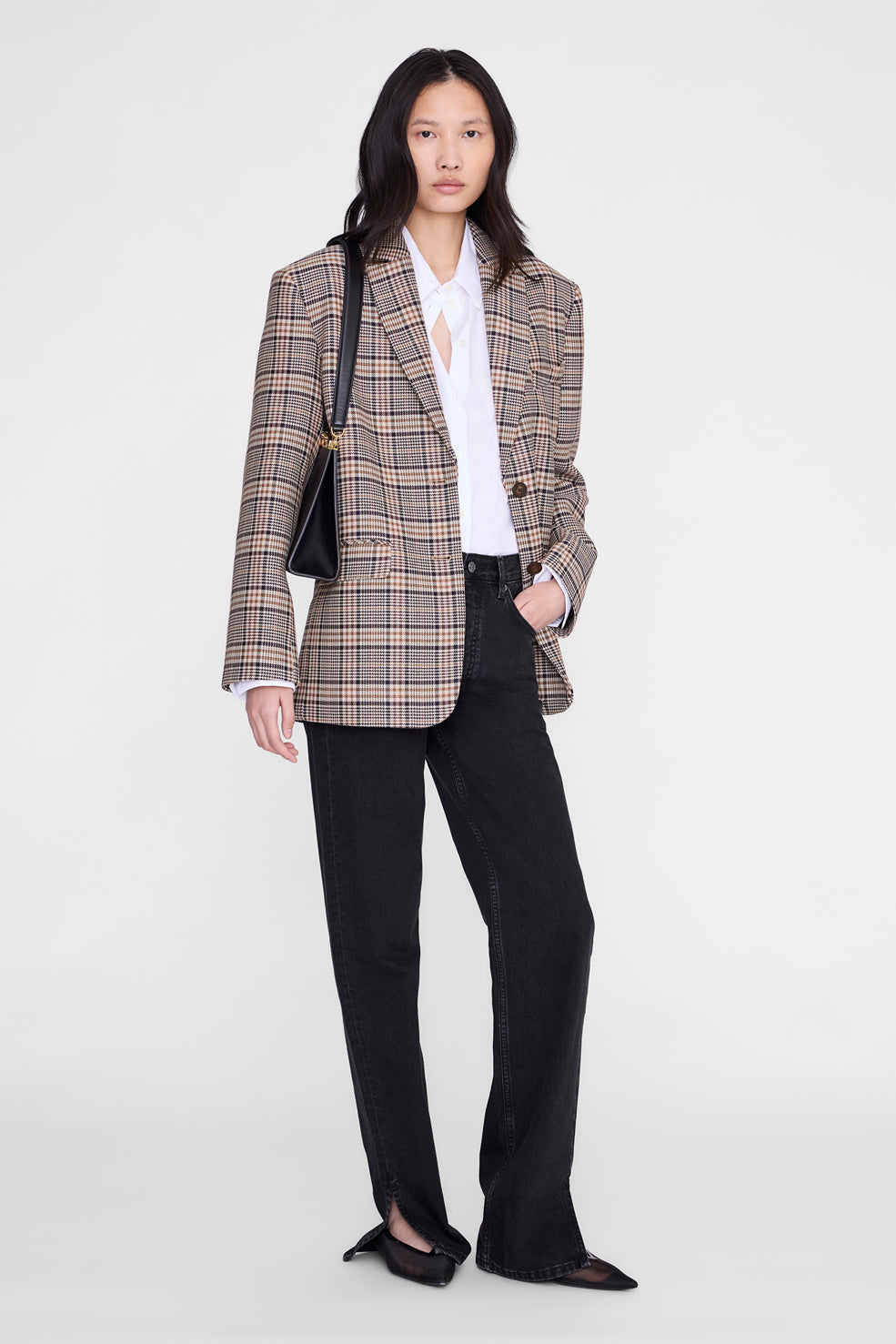 Anine Bing Quinn Blazer in Beige and Navy Checks - side view