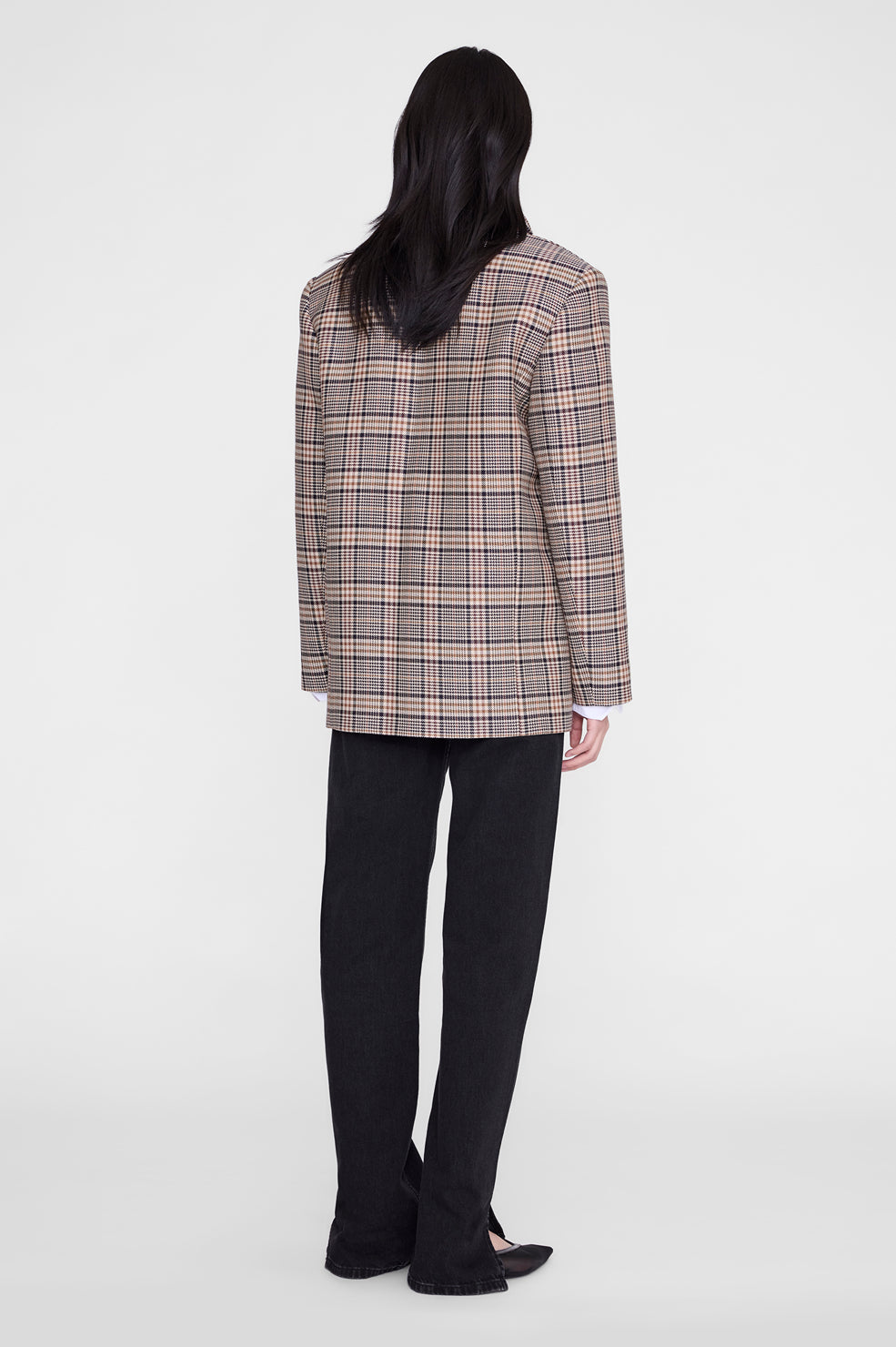 Anine Bing Quinn Blazer in Beige and Navy Checks - detail view