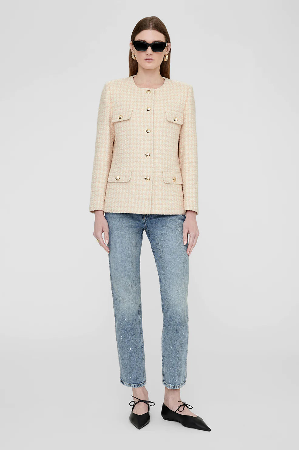 Anine Bing Janet Jacket - Cream And Peach Houndstooth