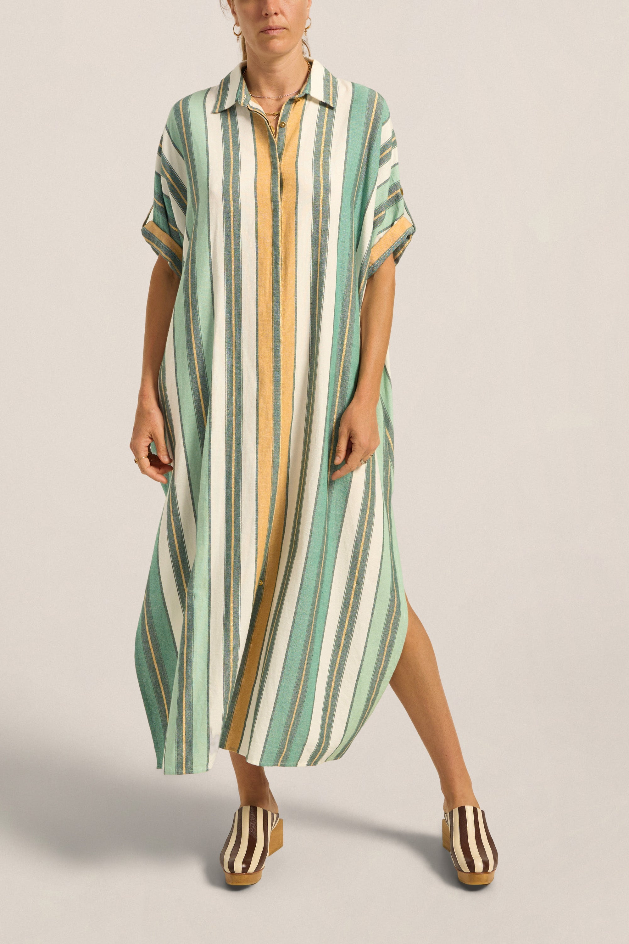 Ilio Nema Melanie Caftan in Green Fez Stripe - styled look