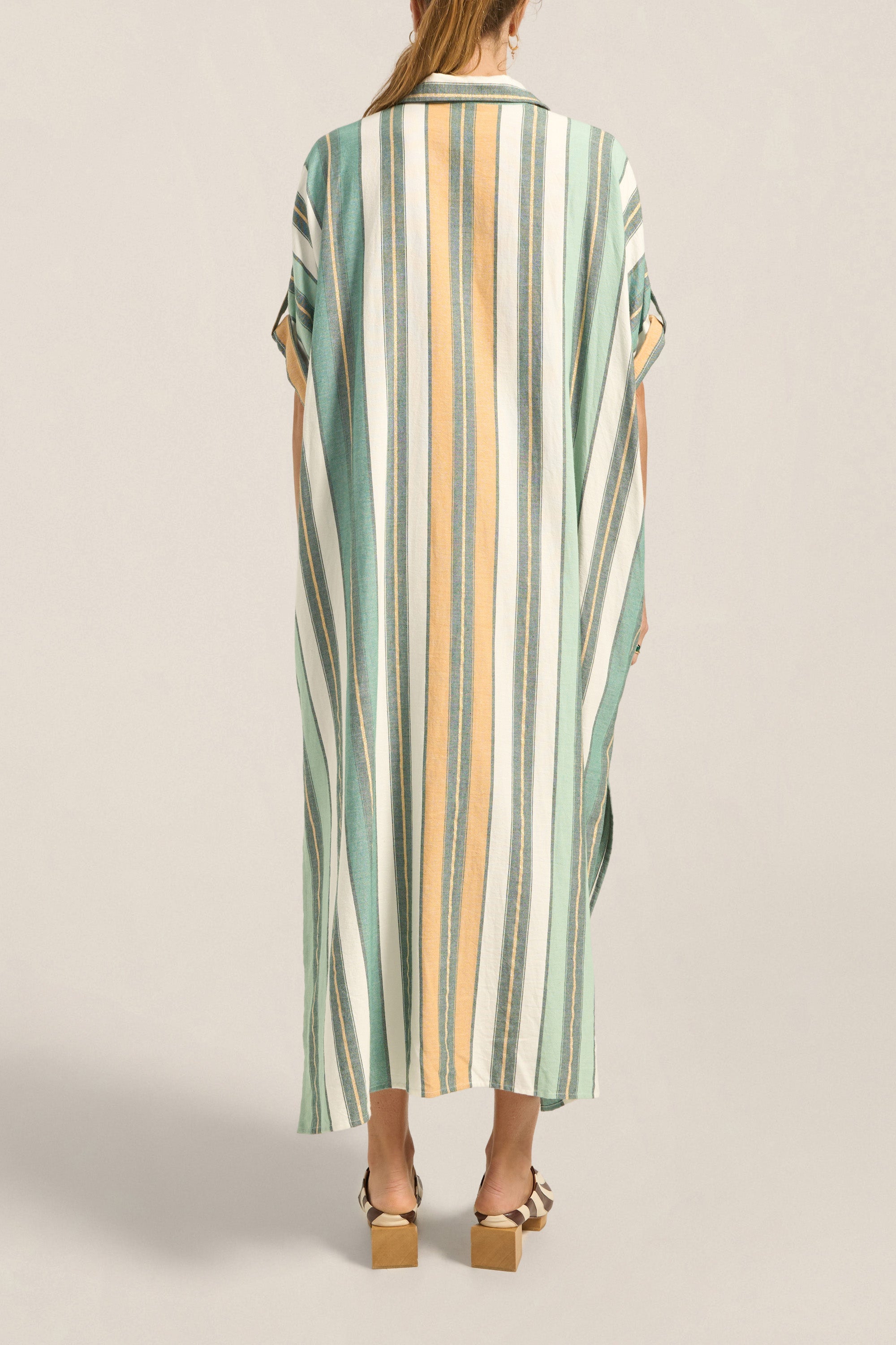 Ilio Nema Melanie Caftan in Green Fez Stripe - close up