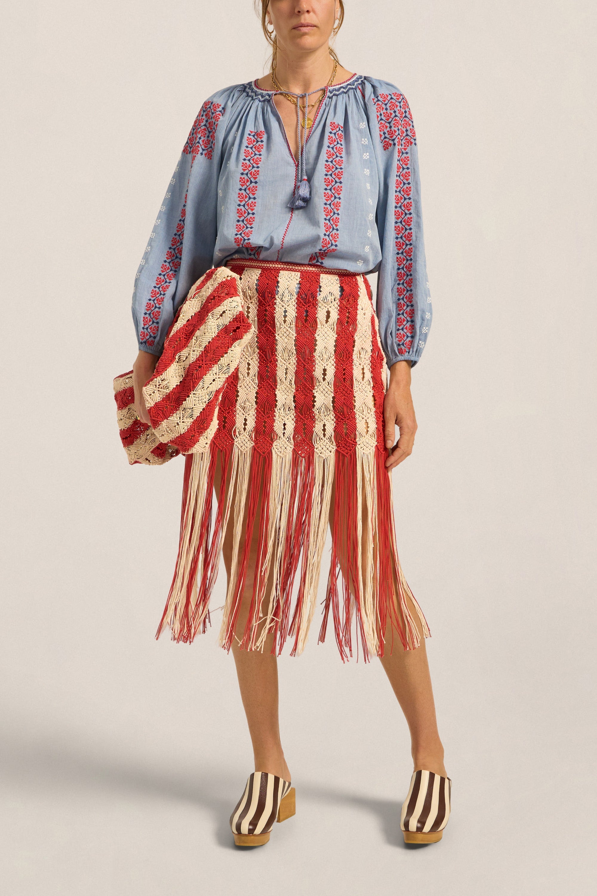 Ilio Nema Syracuse Skirt in Red and Cream Macrame - side view