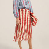 Ilio Nema Syracuse Skirt in Red and Cream Macrame - detail view