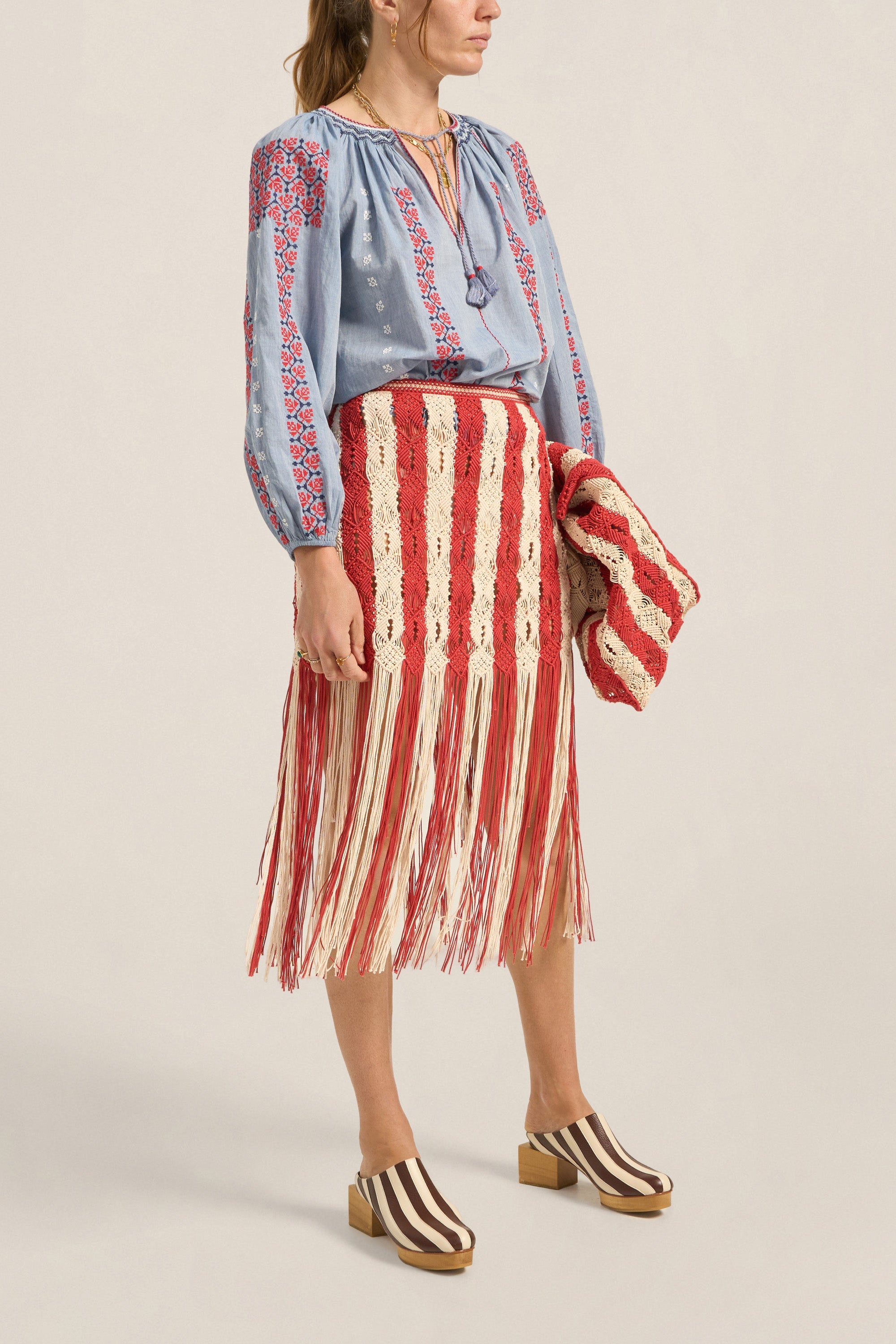Ilio Nema Syracuse Skirt in Red and Cream Macrame - detail view