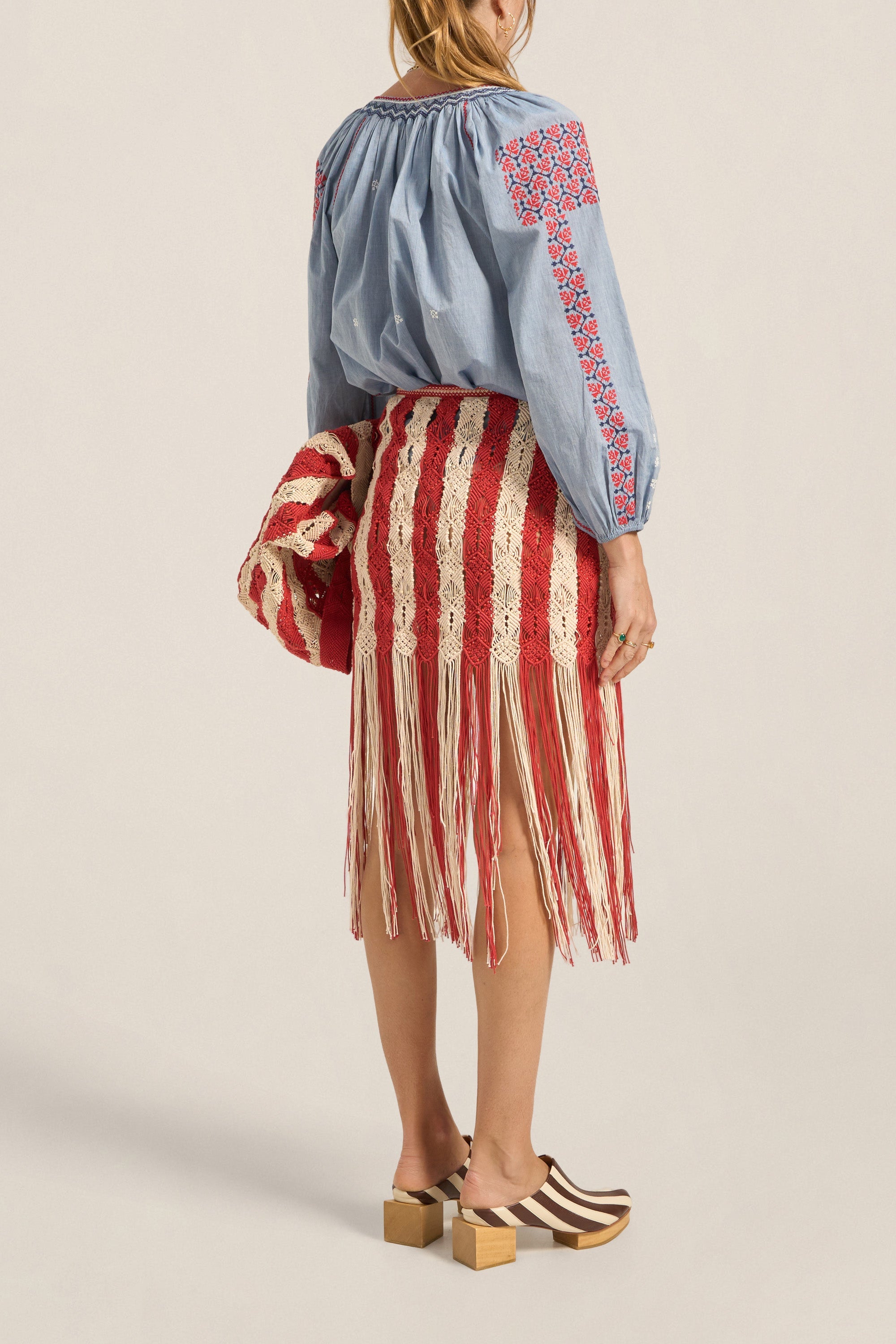 Ilio Nema Syracuse Skirt in Red and Cream Macrame - styled look