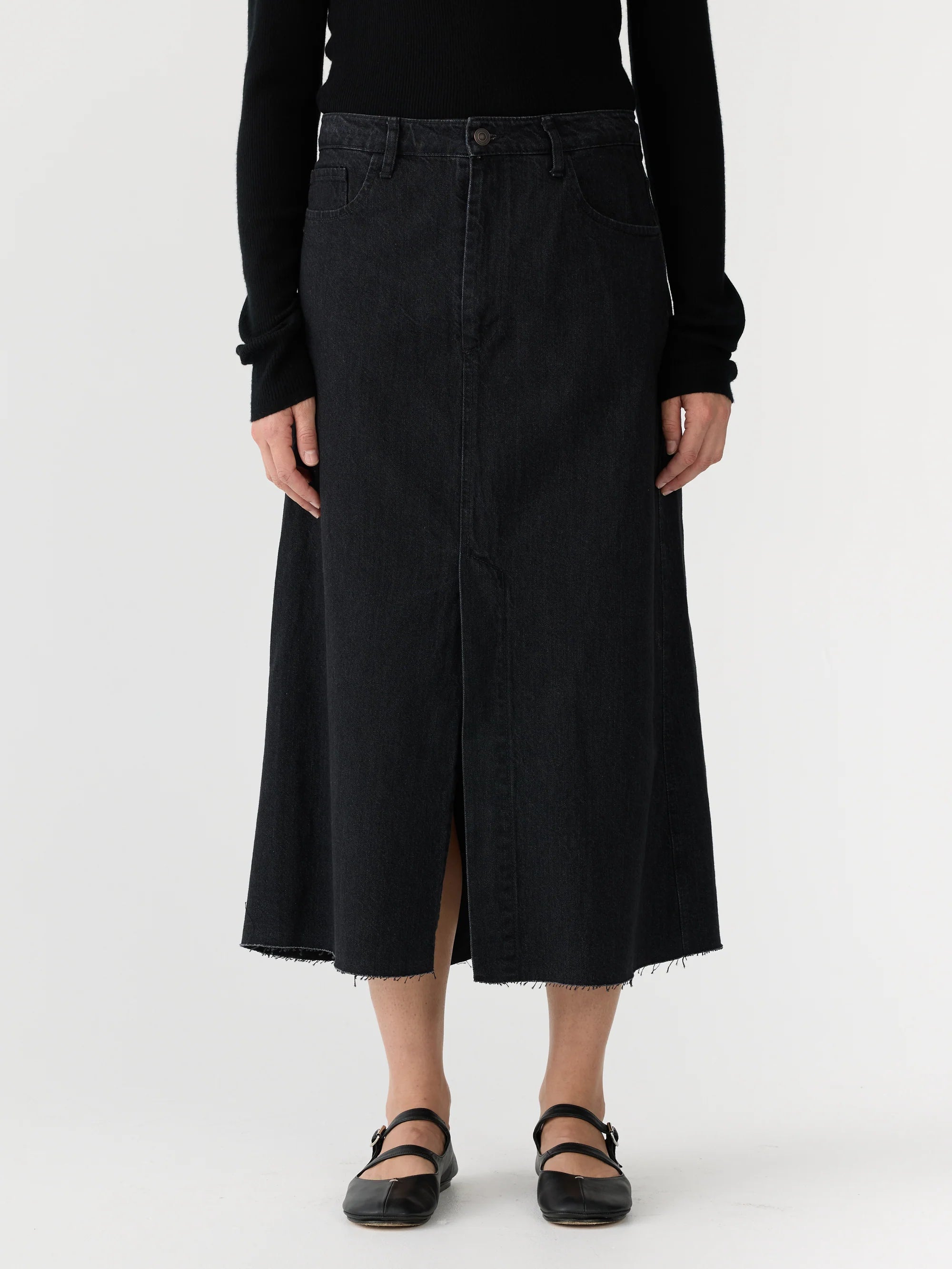 Longerline Denim Skirt | Washed Black