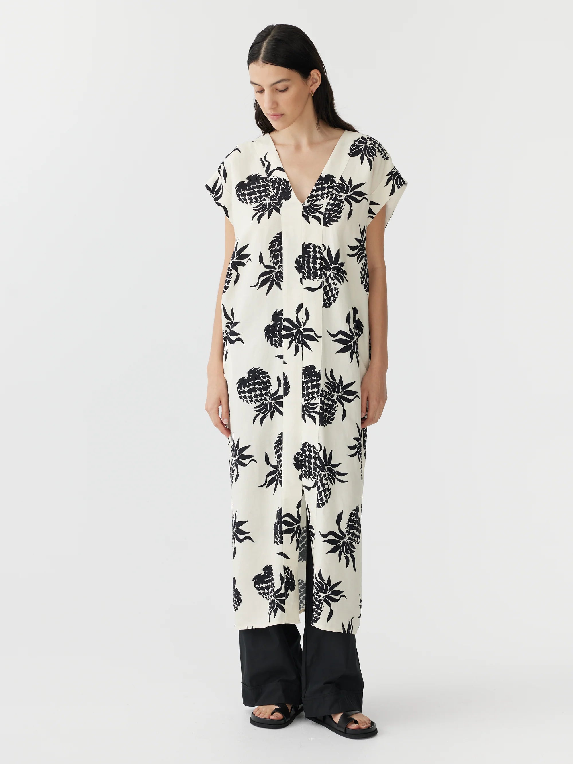 Bassike Pineapple Print V Neck Dress White Black Denim Iniquity