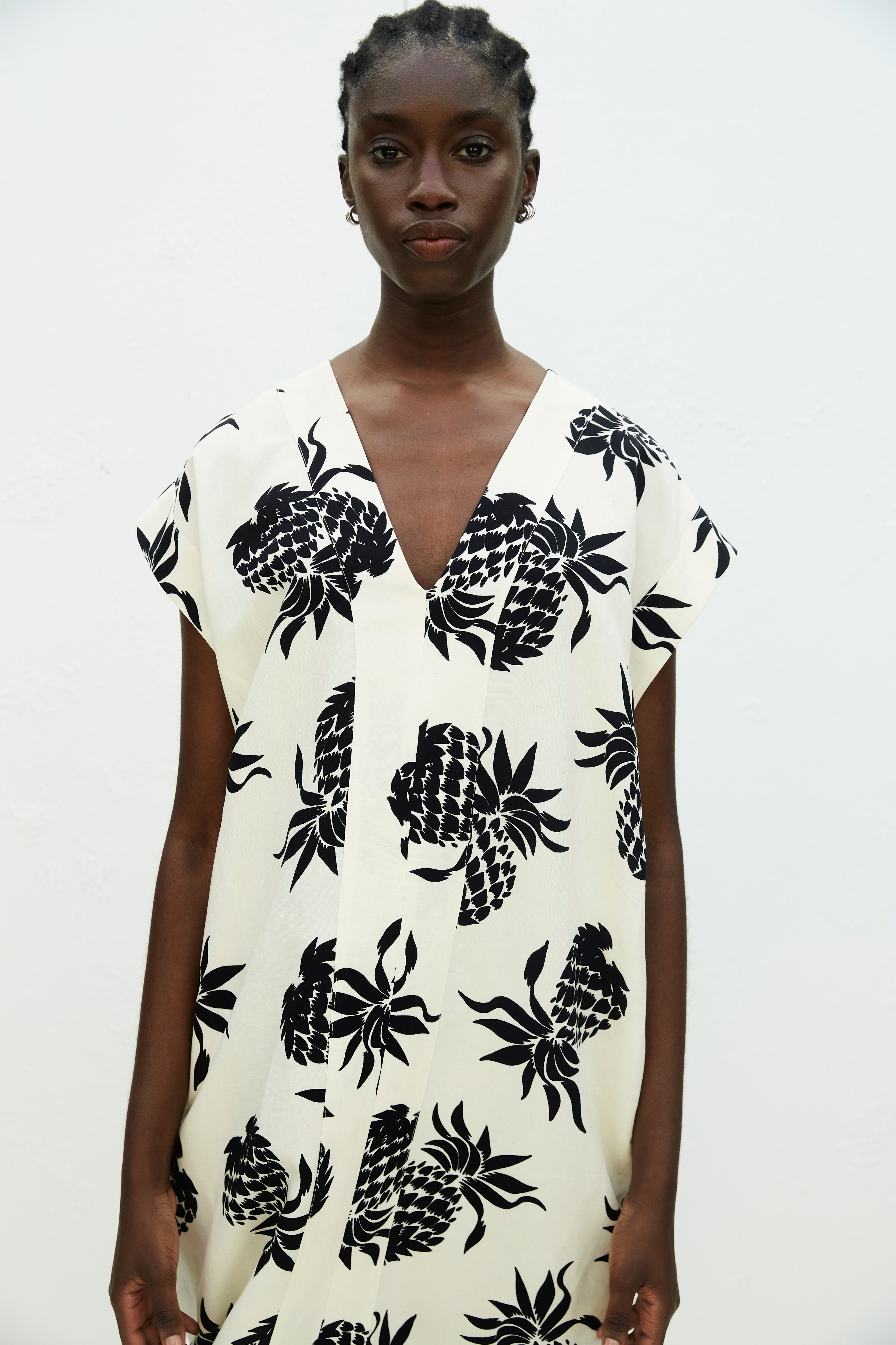 Bassike Pineapple Print V Neck Dress White Black Denim Iniquity