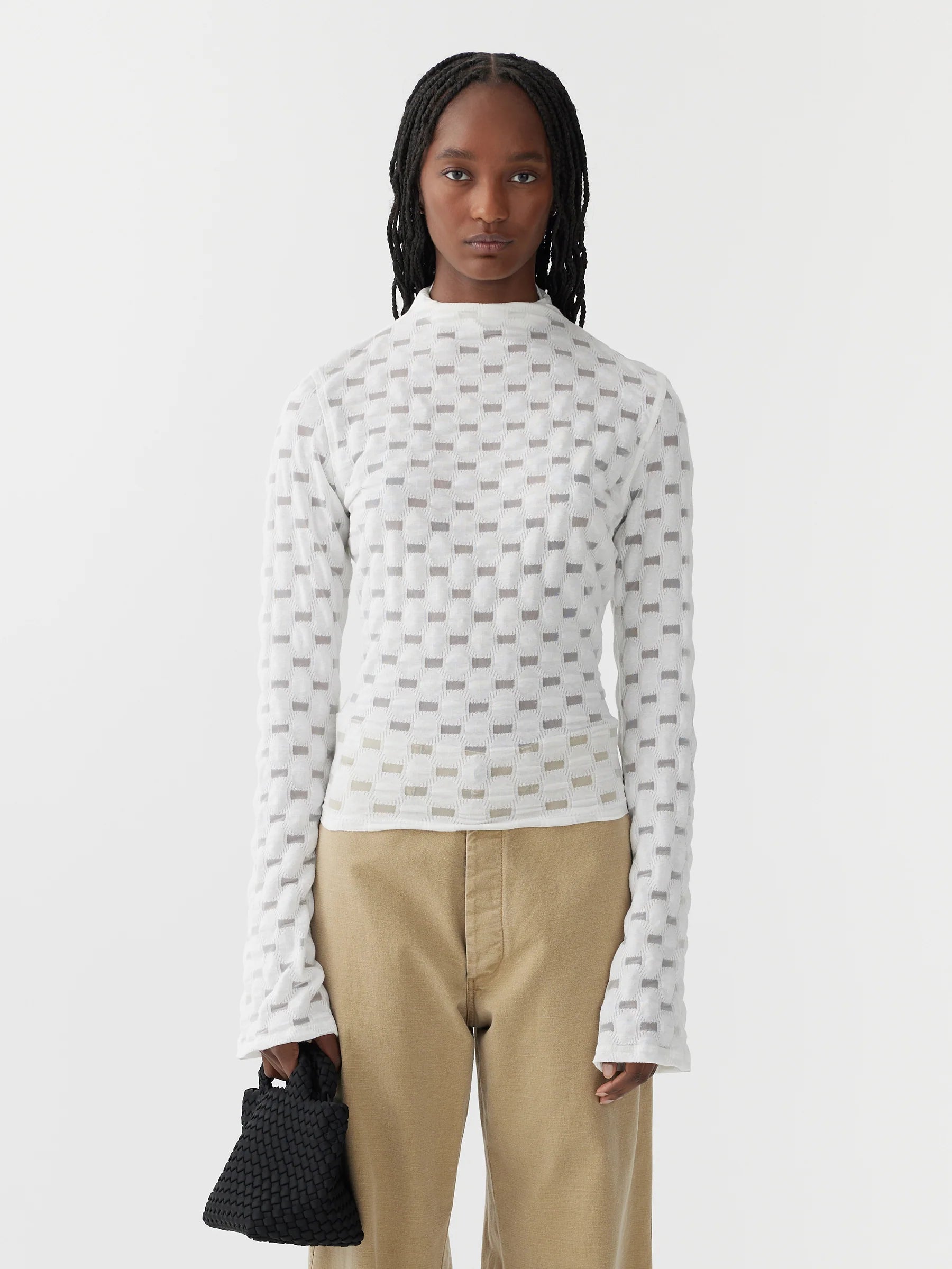 Bassike Raised Neck Long Sleeve Lace Top - White