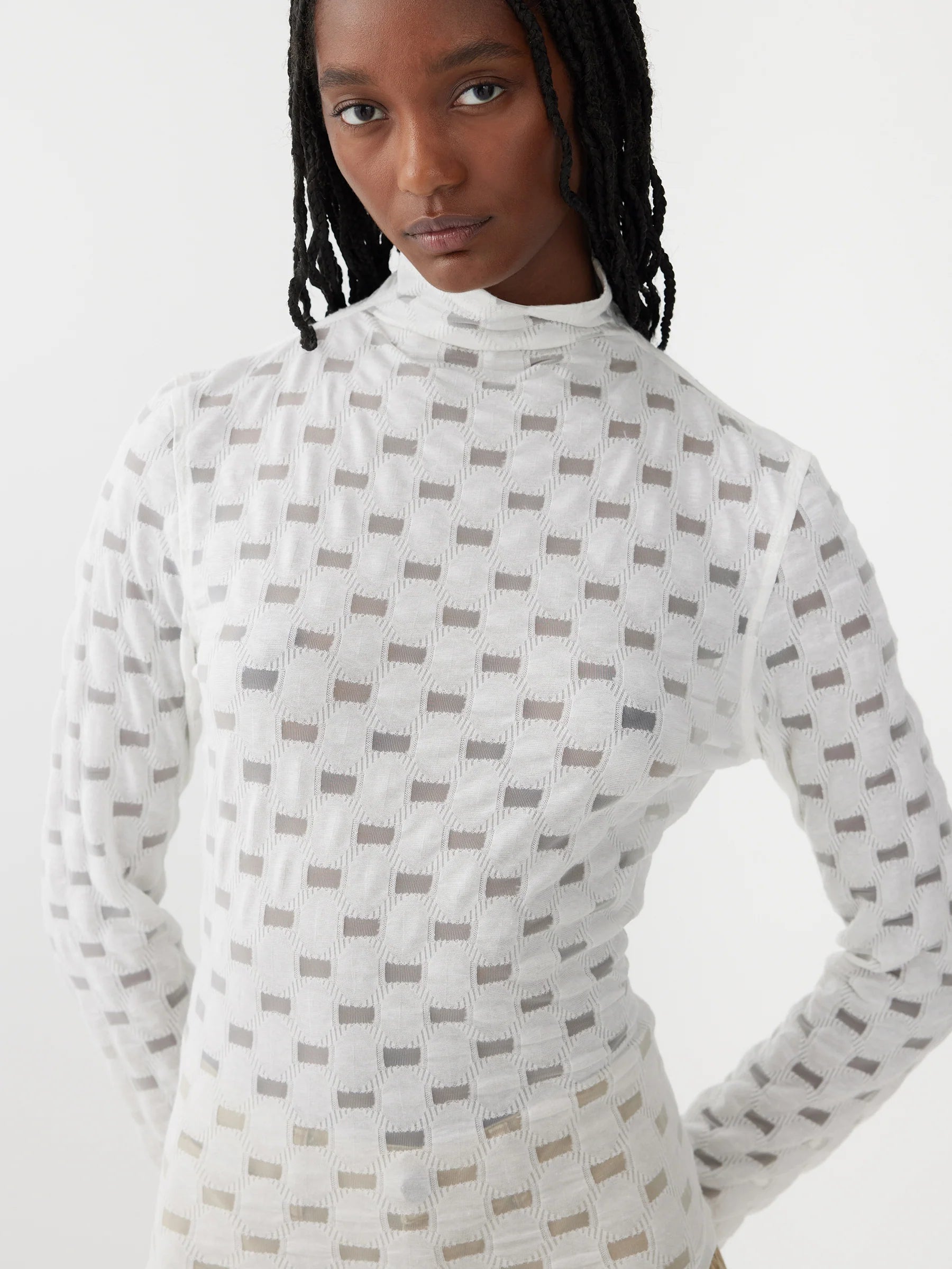 Bassike Raised Neck Long Sleeve Lace Top - White