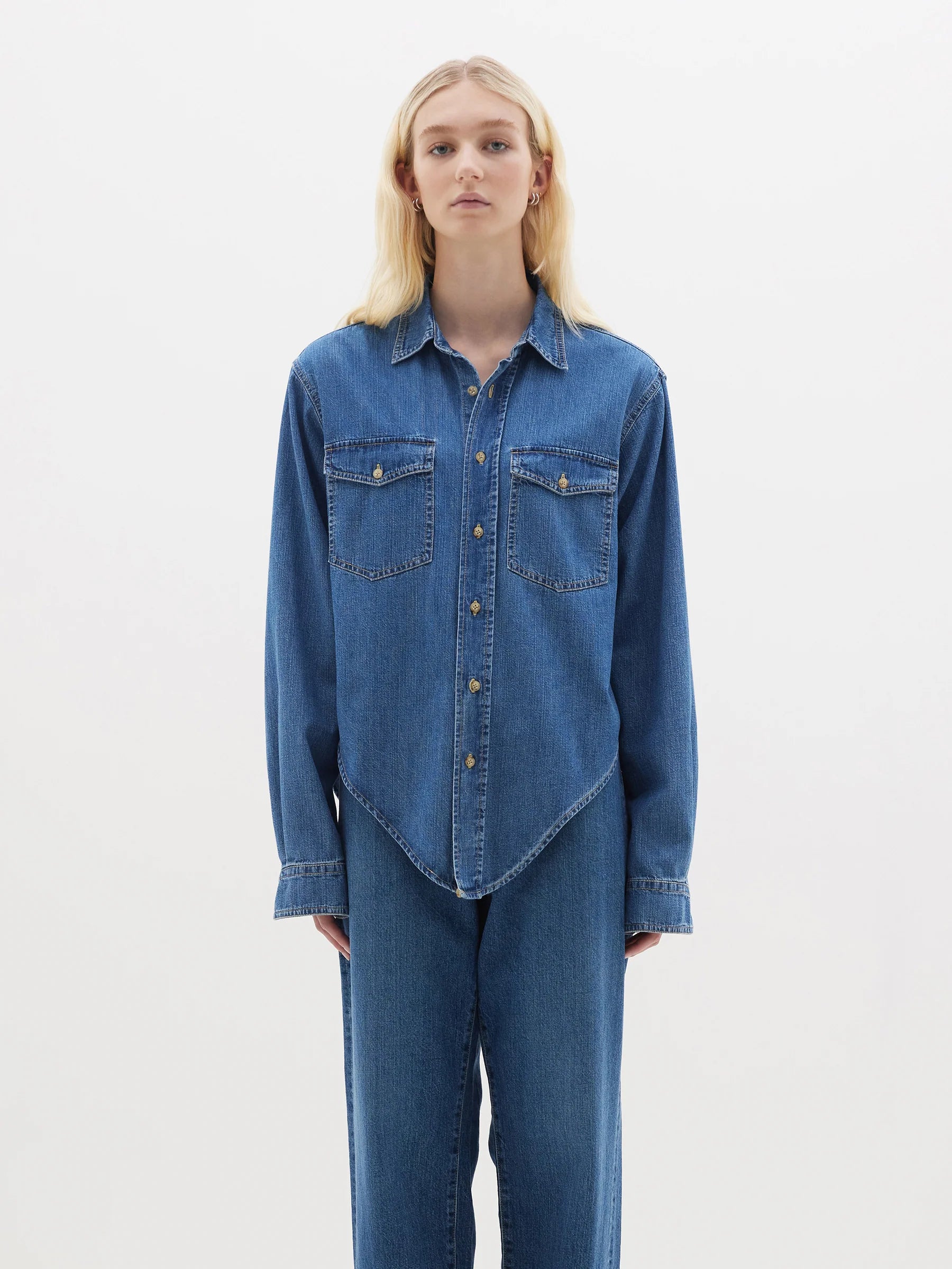 Bassike Scoop Hem Denim Shirt - Classic Wash