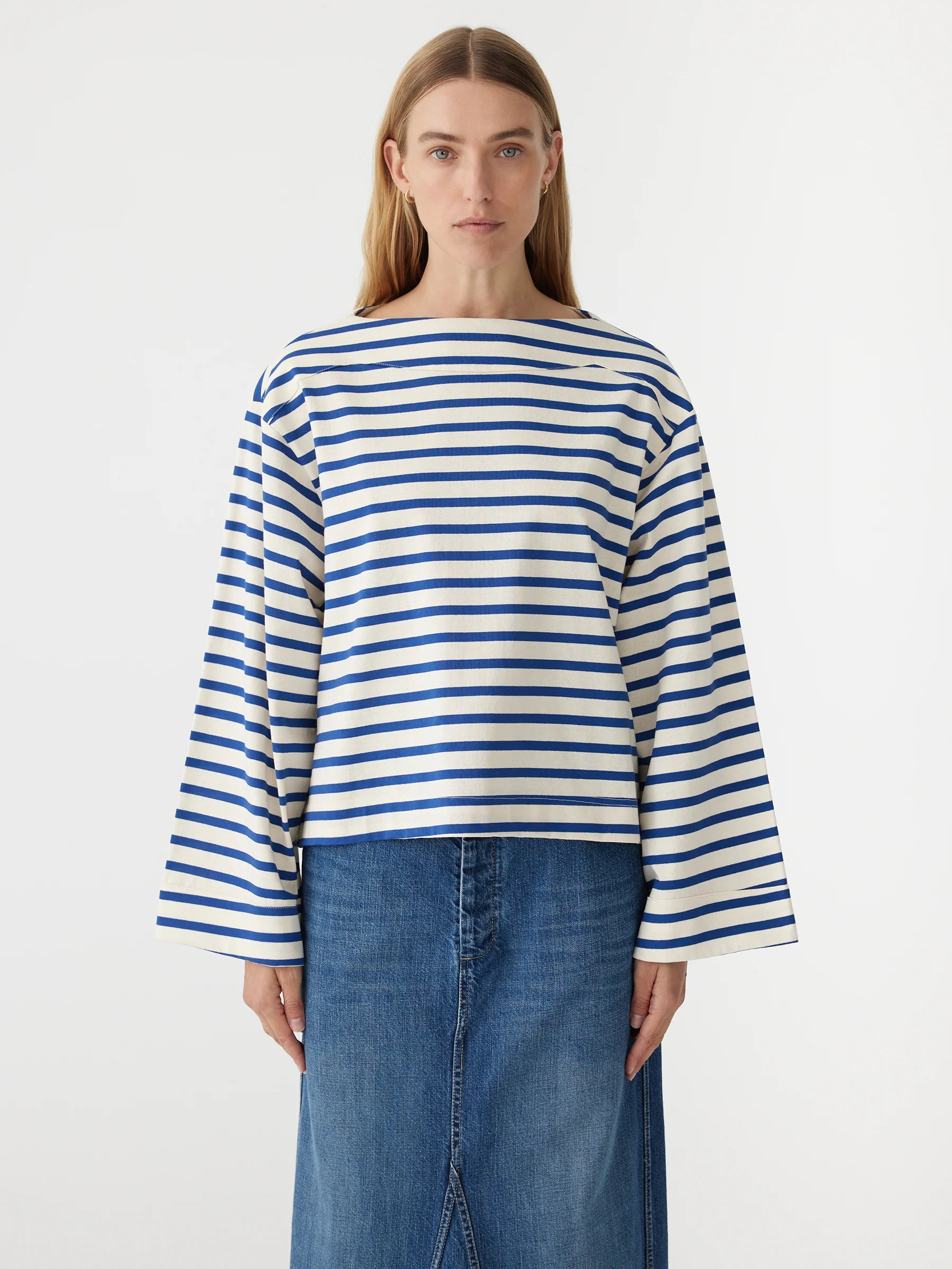 Stripe Boatneck Long Sleeve Tee | Natural and Cobalt