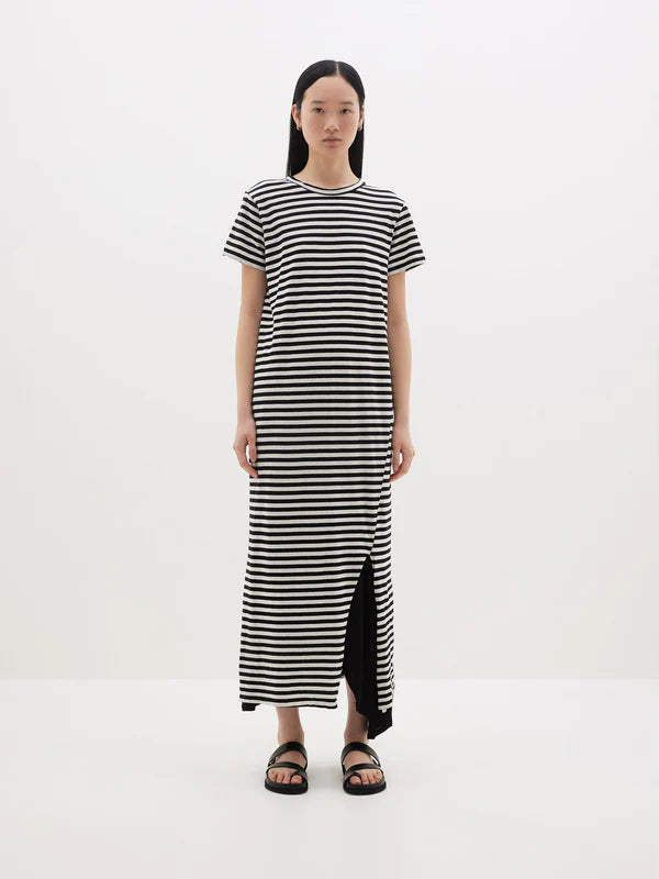 Bassike Stripe Heritage Short Sleeve Tee Dress - Black/Undyed