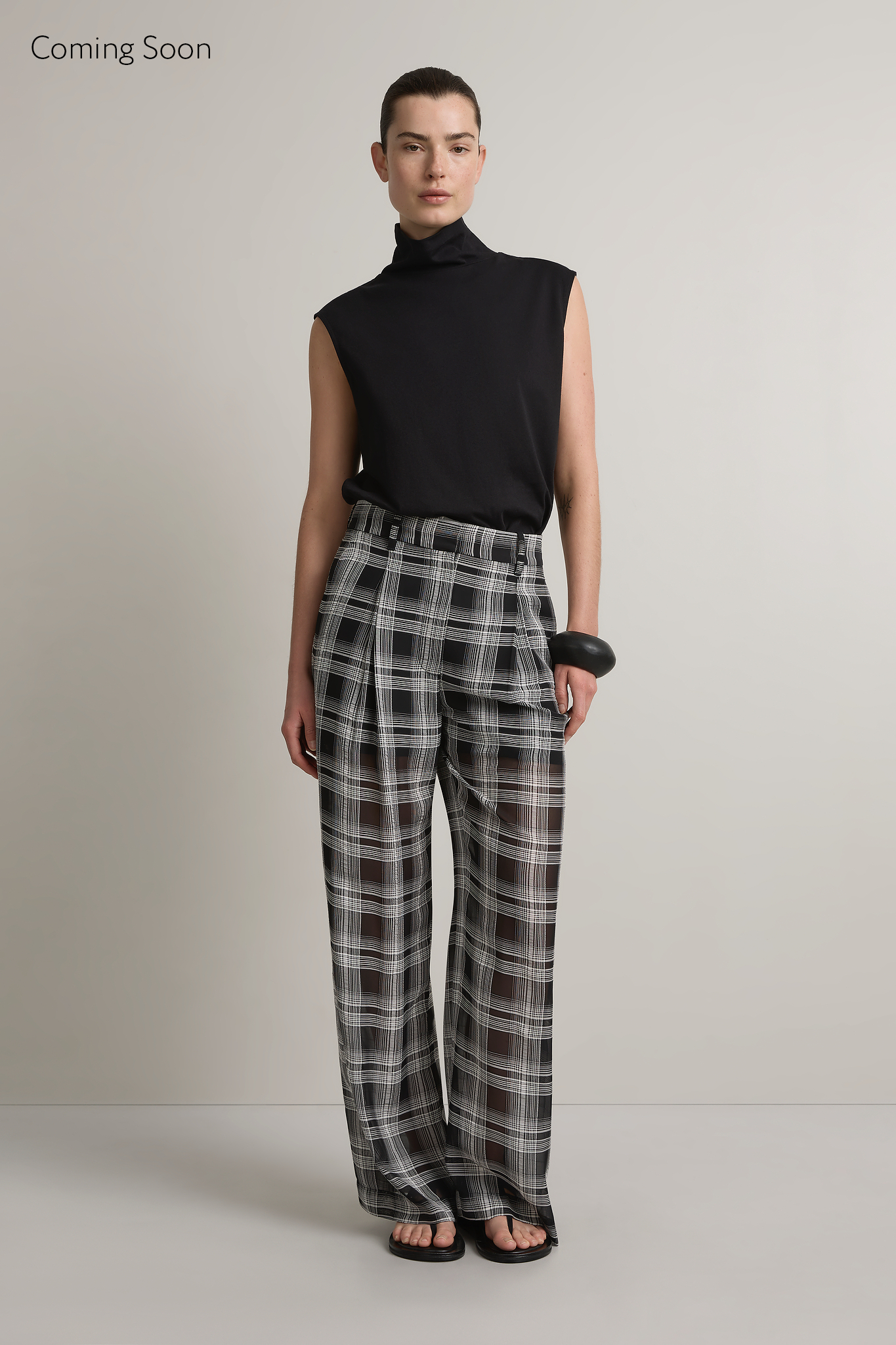 A Emery Goddard Sheer Pant in Black And White Check - side view