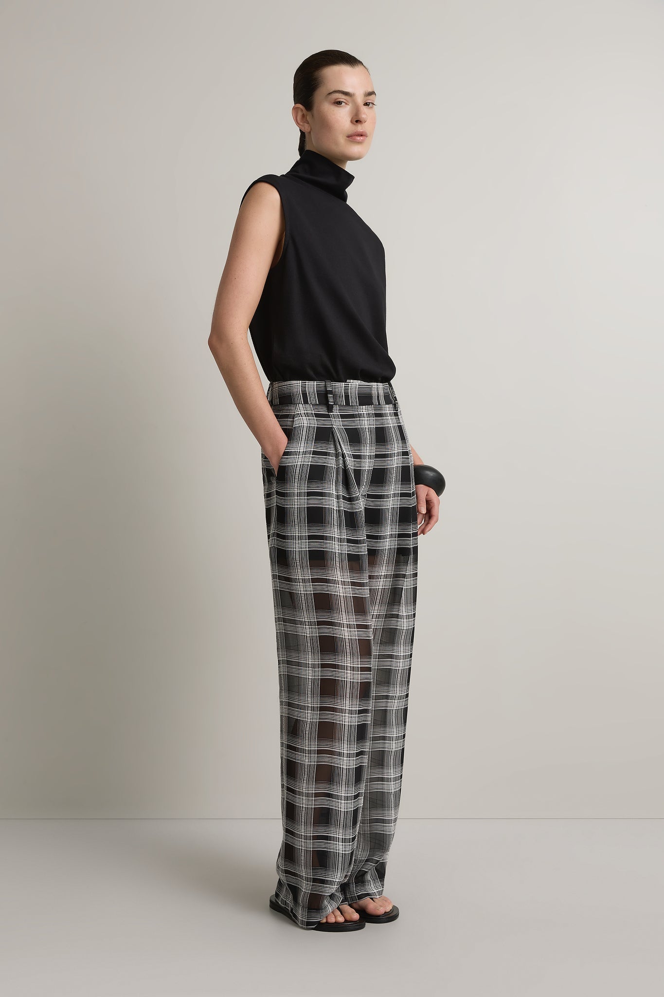 A Emery Goddard Sheer Pant in Black And White Check - detail view