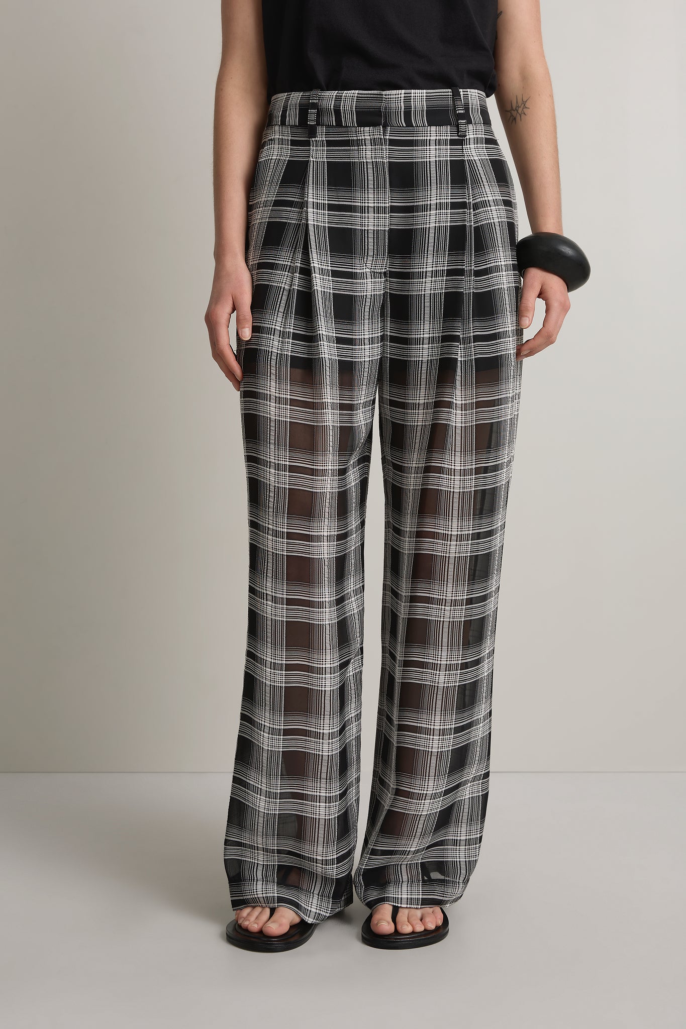 A Emery Goddard Sheer Pant in Black And White Check - styled look